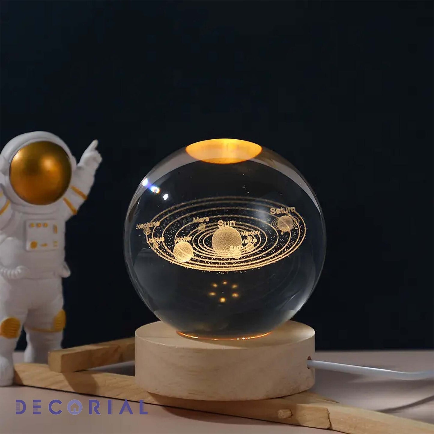 3D Galaxy Crystal Ball Night Light with Wooden Stand (Warm Light)