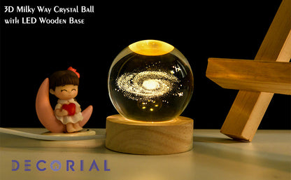 3D Galaxy Crystal Ball Night Light with Wooden Stand (Warm Light)