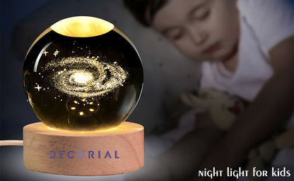 3D Galaxy Crystal Ball Night Light with Wooden Stand (Warm Light)