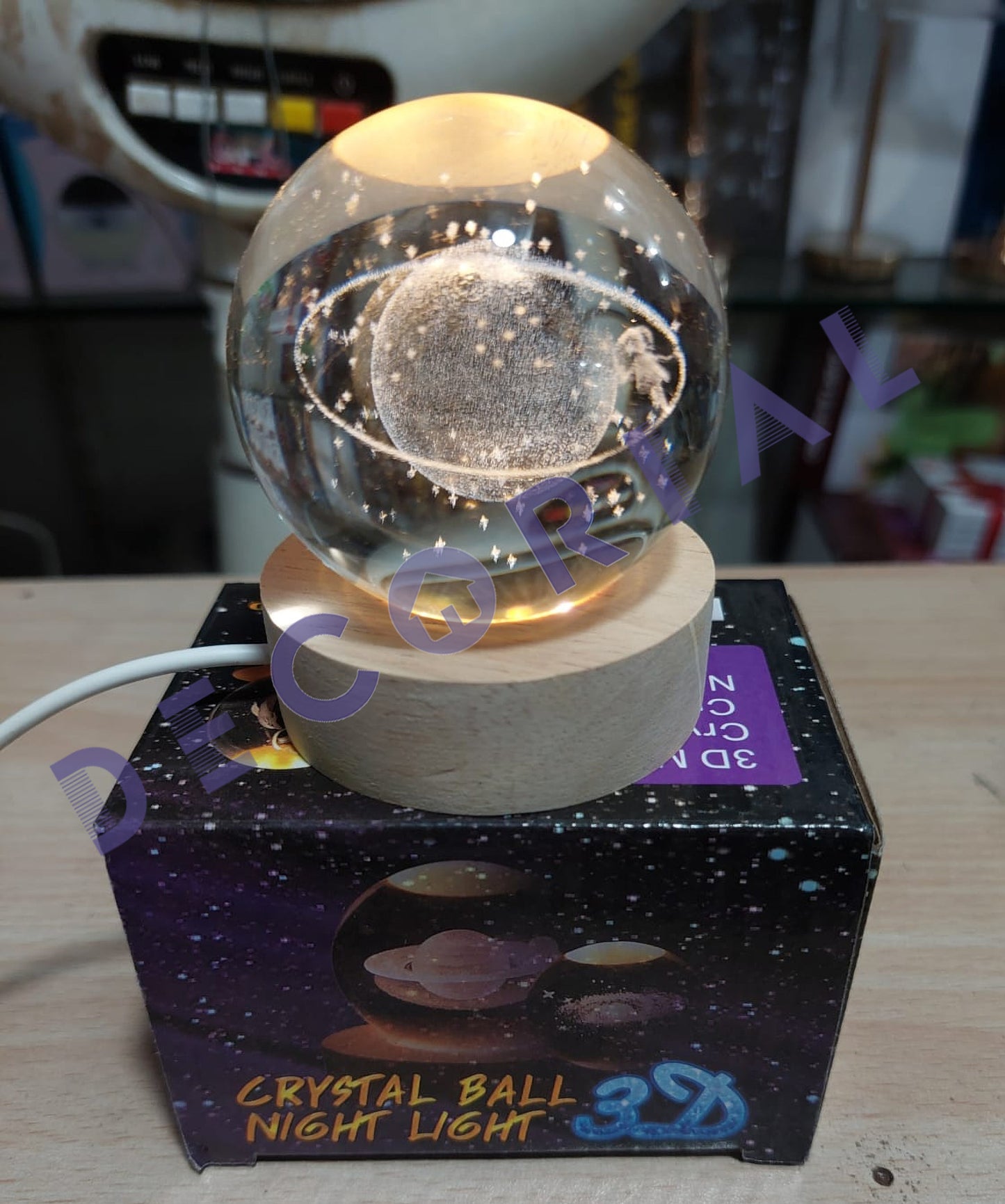 3D Galaxy Crystal Ball Night Light with Wooden Stand (Warm Light)