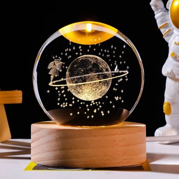 3D Galaxy Crystal Ball Night Light with Wooden Stand (Warm Light)