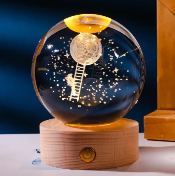 3D Galaxy Crystal Ball Night Light with Wooden Stand (Warm Light)